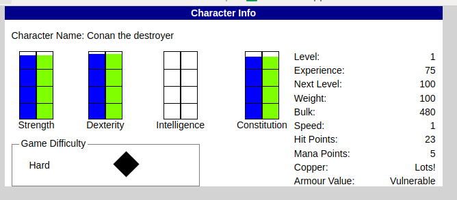 Character info screen